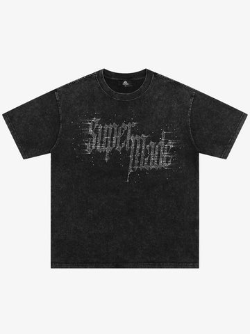 Washed Gothic Letter Imitation Diamond T-Shirt 