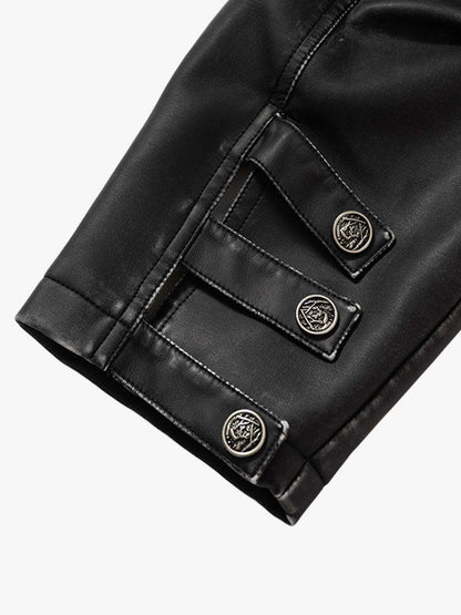 Thesupermade Skull Print Paneled Stand-up Collar Leather Jacket 