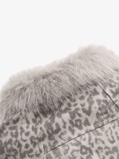 Vintage Leopard Fleece Faux Fur Collar Panel Trim Padded Jacket 