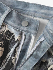 Distressed Patchwork Wide Leg Washed Denim Jeans 