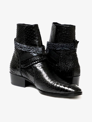 Embossed Genuine Leather Buckle Ankle Boots