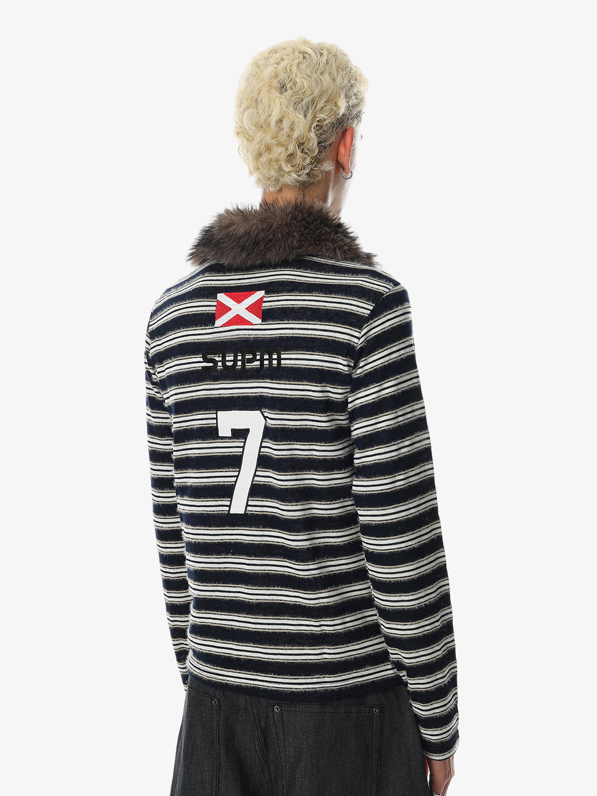 Striped Faux Fur Collar Long Sleeve Tee