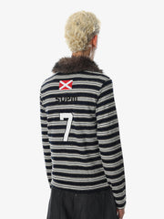 Striped Faux Fur Collar Long Sleeve Tee