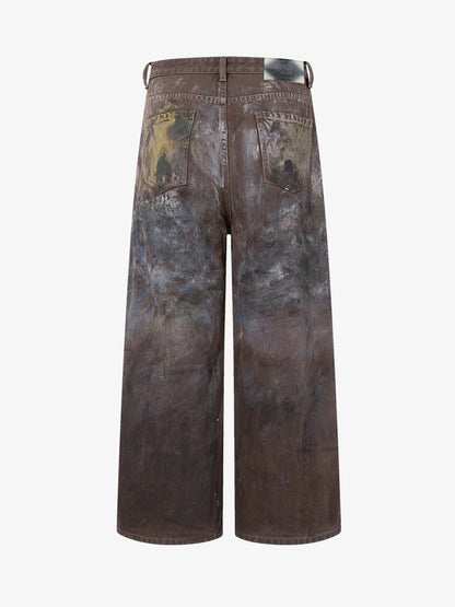 Retro Graffiti Painted Distressed Wide-Leg Jeans 