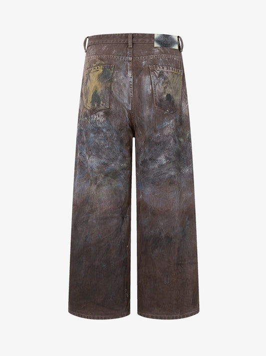 Retro Graffiti Painted Distressed Wide-Leg Jeans 