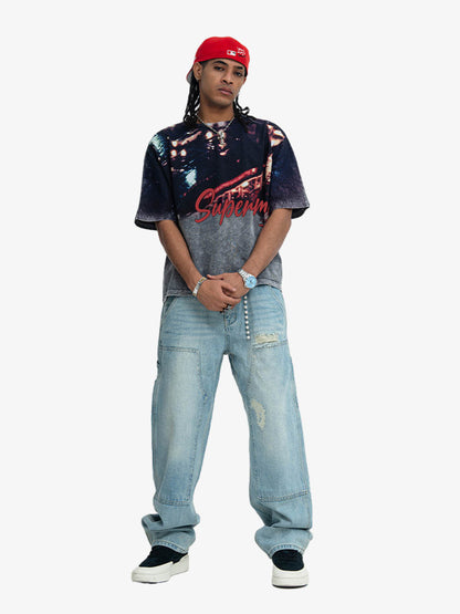 300G Cotton Nightfall Jade Pattern Dyeing Oversized T-Shirt for Men Streetwear Fashion 