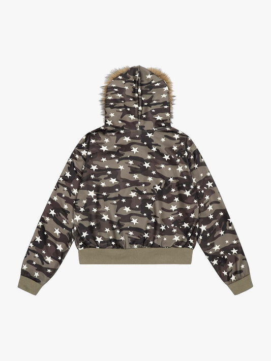 Kurzer Kapuzenpullover mit Reißverschluss und Camouflage-Sternenmuster aus Kunstpelz