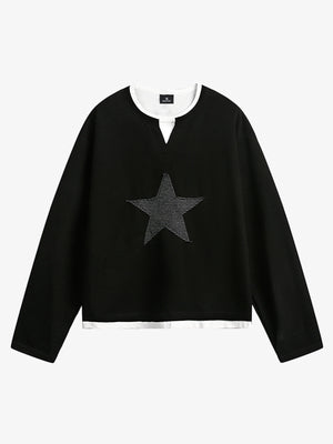 Cotton Blend Long Sleeve Star Print Crewneck Sweater for Women 