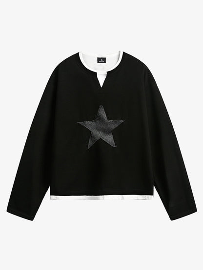 Cotton Blend Long Sleeve Star Print Crewneck Sweater for Women 