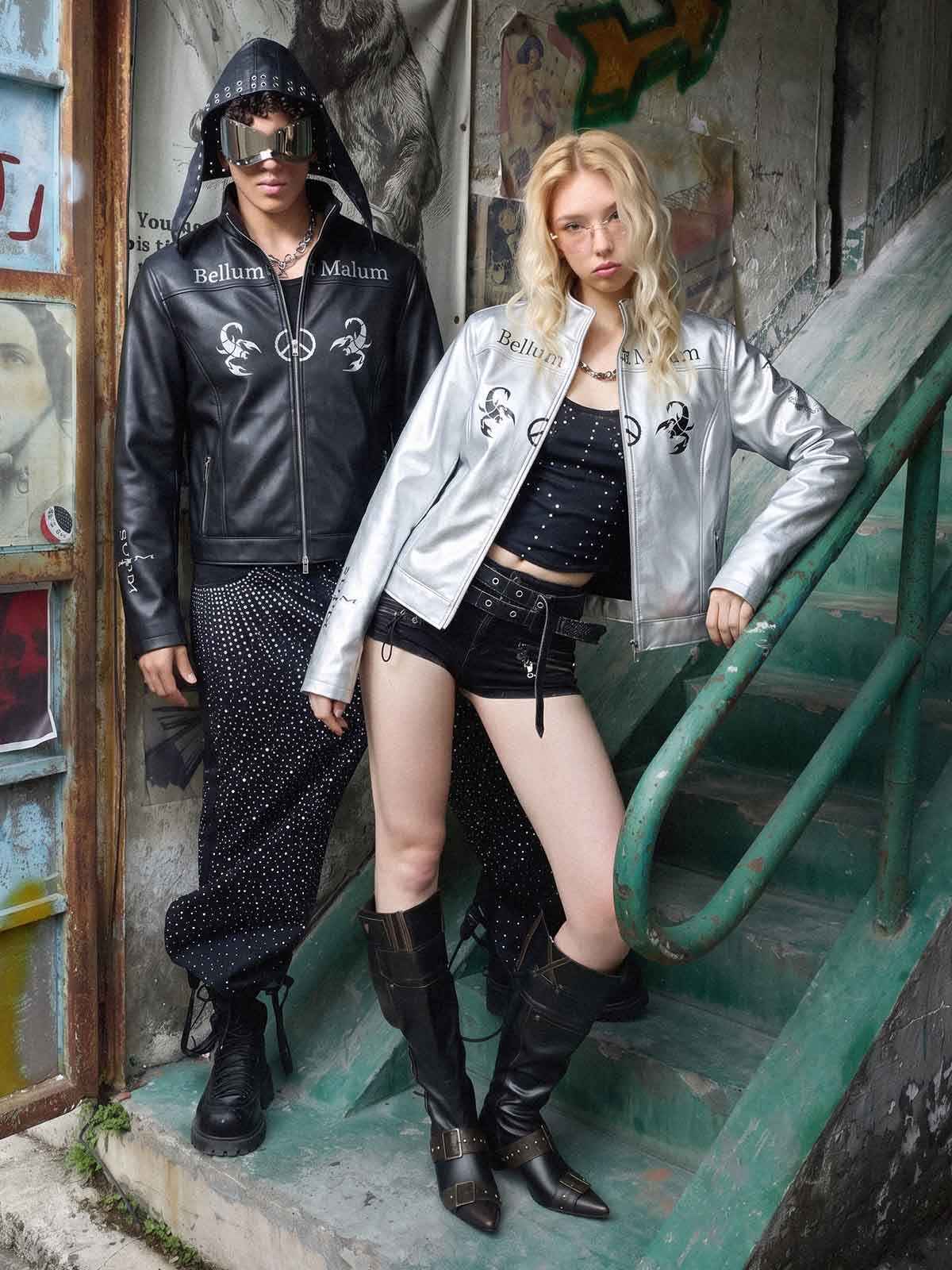 Graphic Stand-Collar Faux Leather Zip Jacket