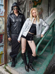 Graphic Stand-Collar Faux Leather Zip Jacket