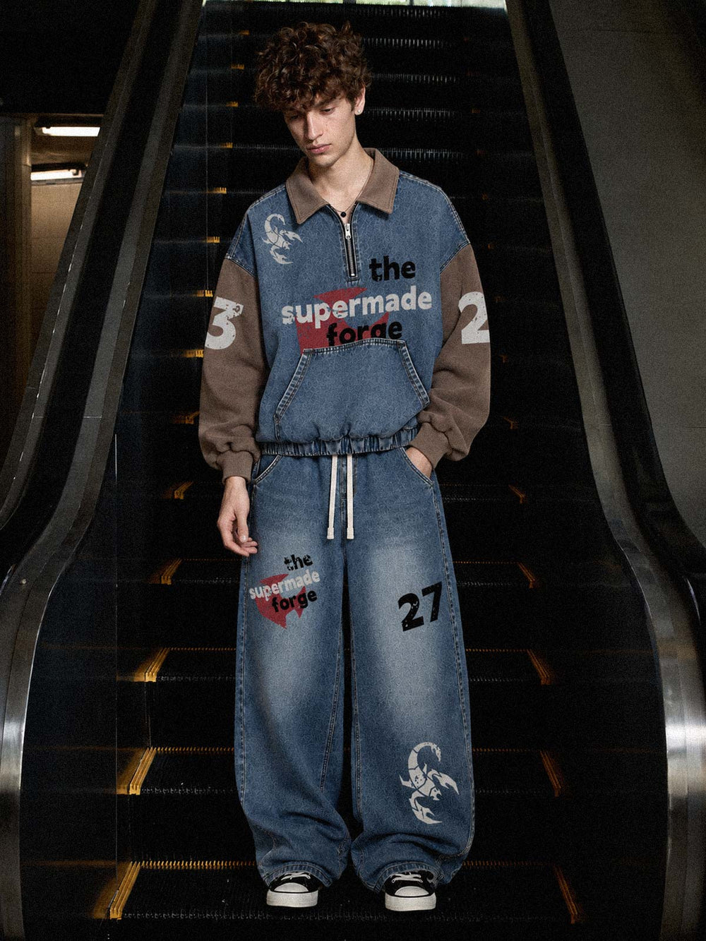 Denim Patchwork Pullover Sweatshirt & Graphic Wide-Leg Jeans Set