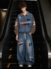 Denim Patchwork Pullover Sweatshirt & Graphic Wide-Leg Jeans Set