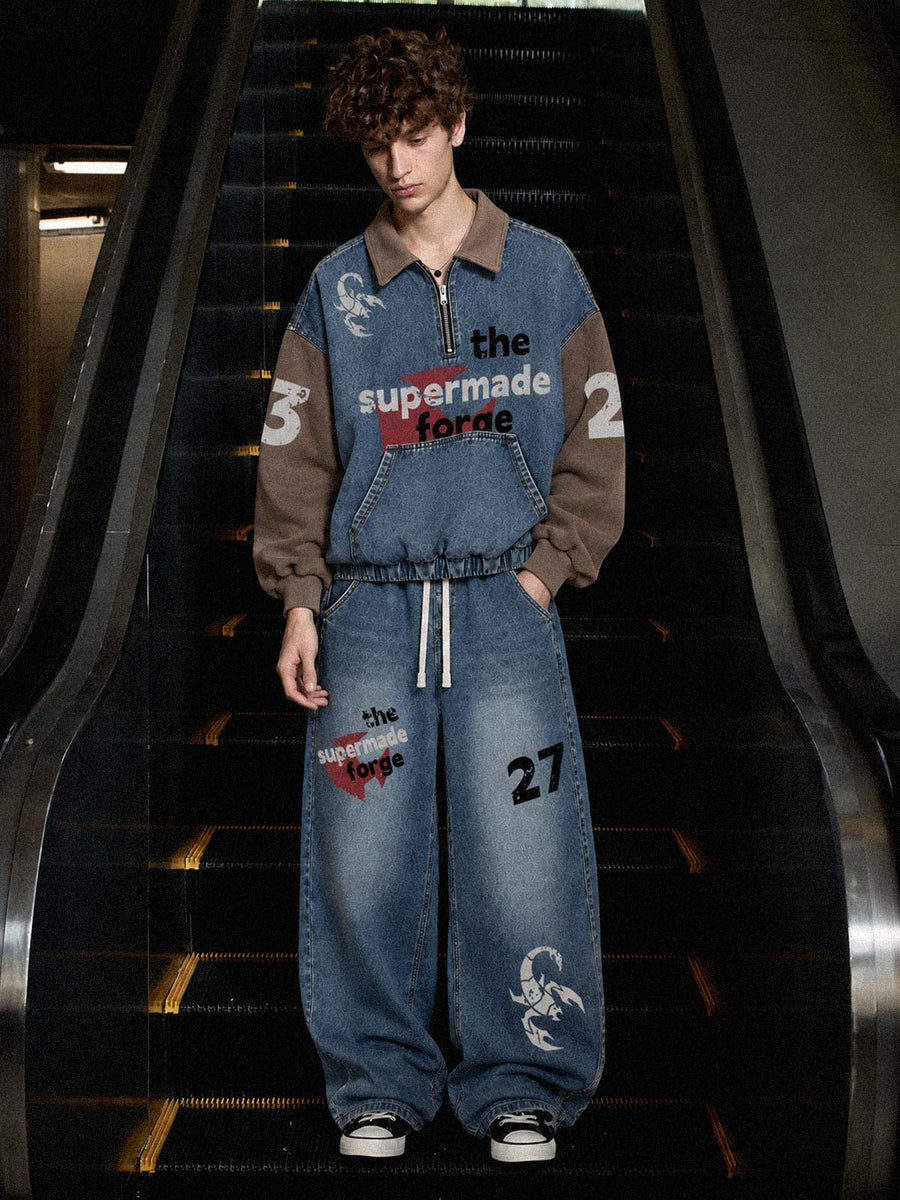 Set aus Denim-Patchwork-Sweatshirt & Grafik-Weitbein-Jeans