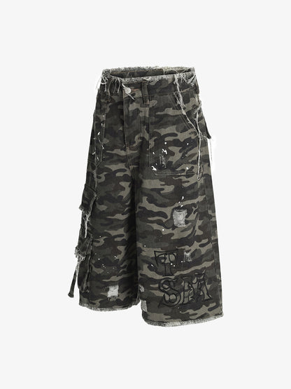 Distressed Camo Multi-Pocket Straight-Leg Jorts - 2611 