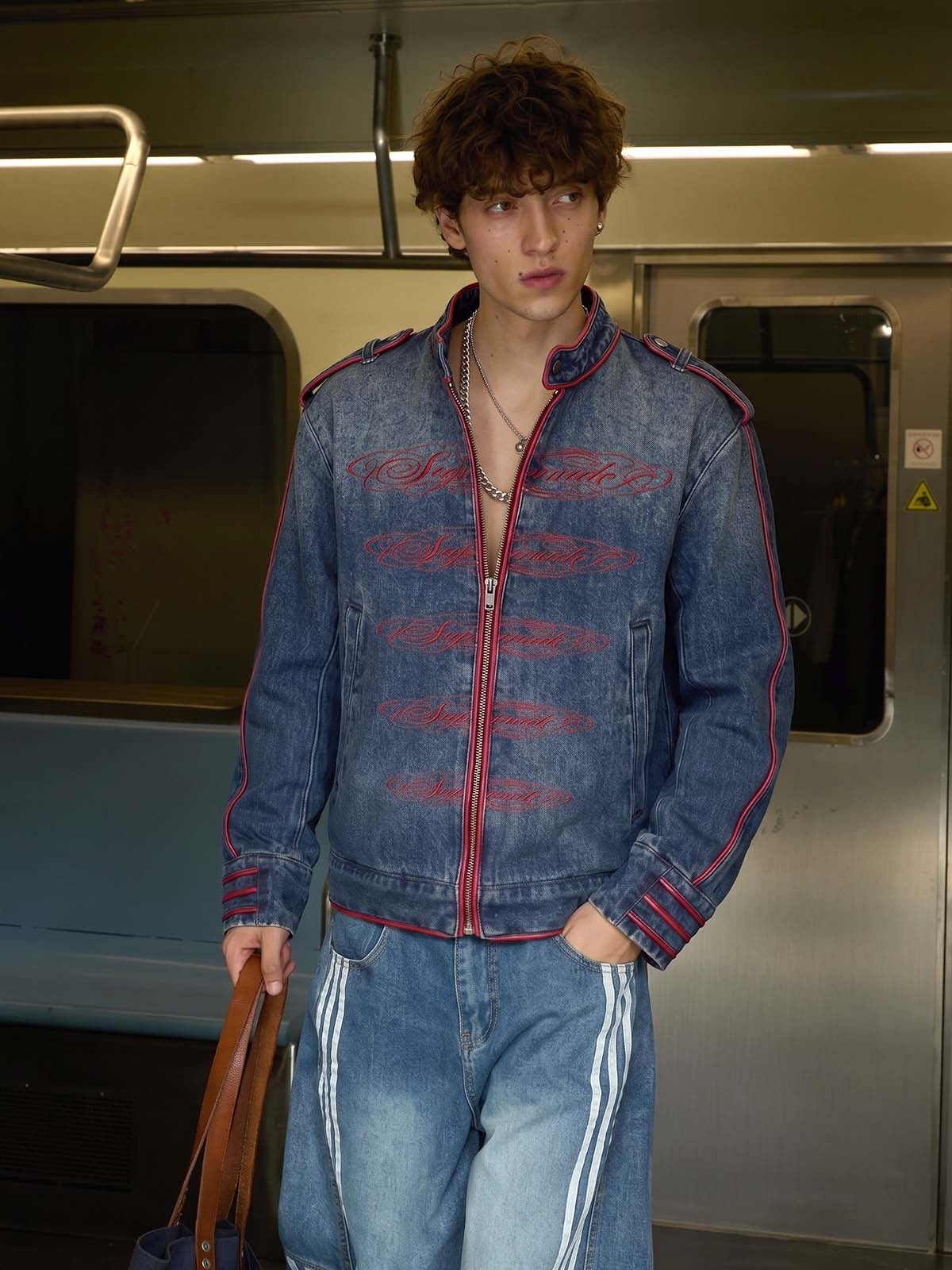 Napoleon Embroidered Red-Piped Denim Jacket