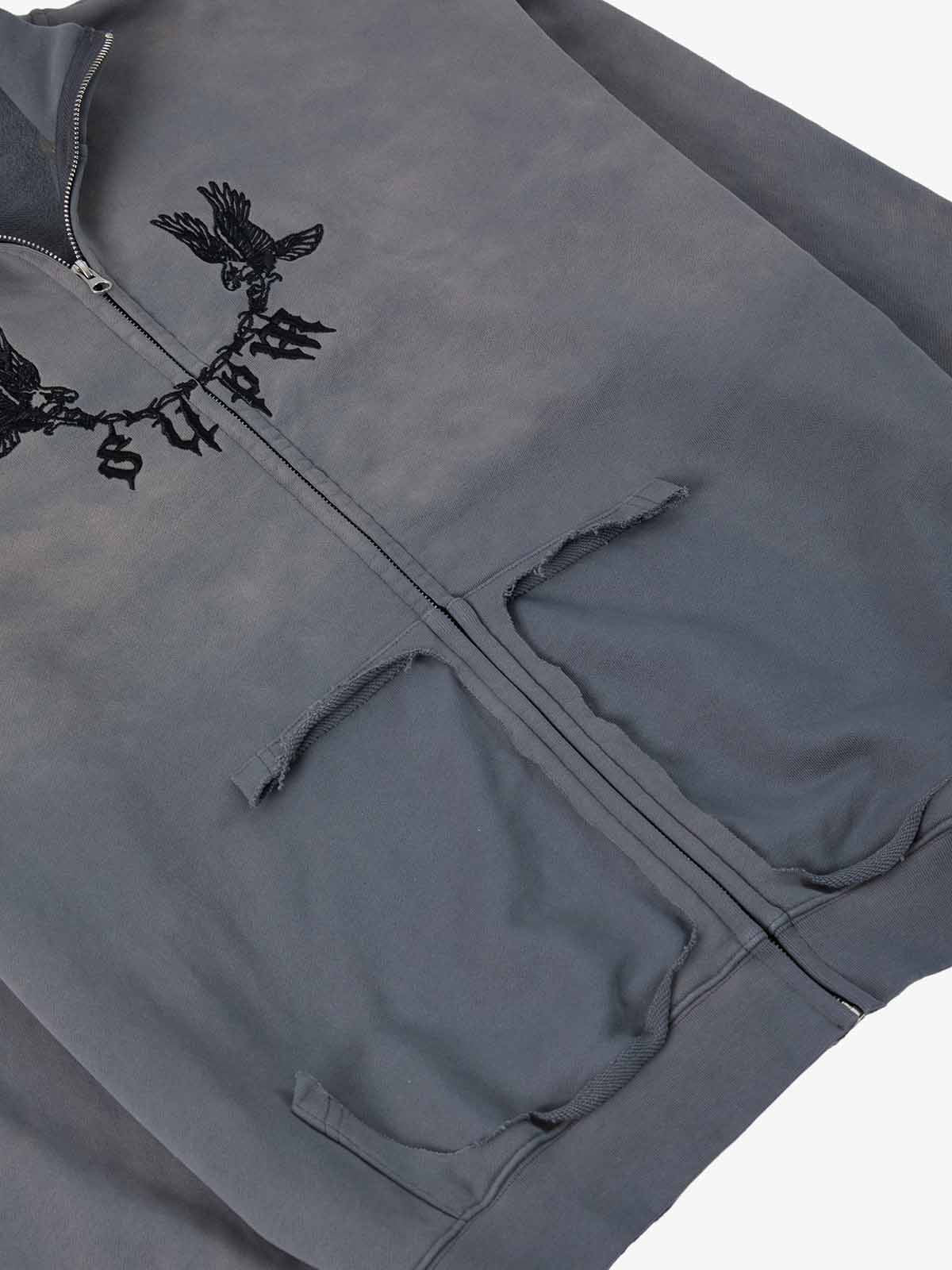 Supermade Gradient Eagle Embroidery Distressed Stand Collar Sweatshirt Jacket 