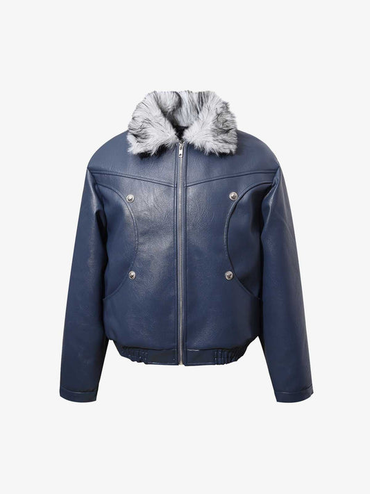 Street Fur-Trim Collar Leather Bomber Jacket 