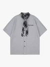Plaid Scarf Sleeve Waffle Shirt with Letter Embroidery