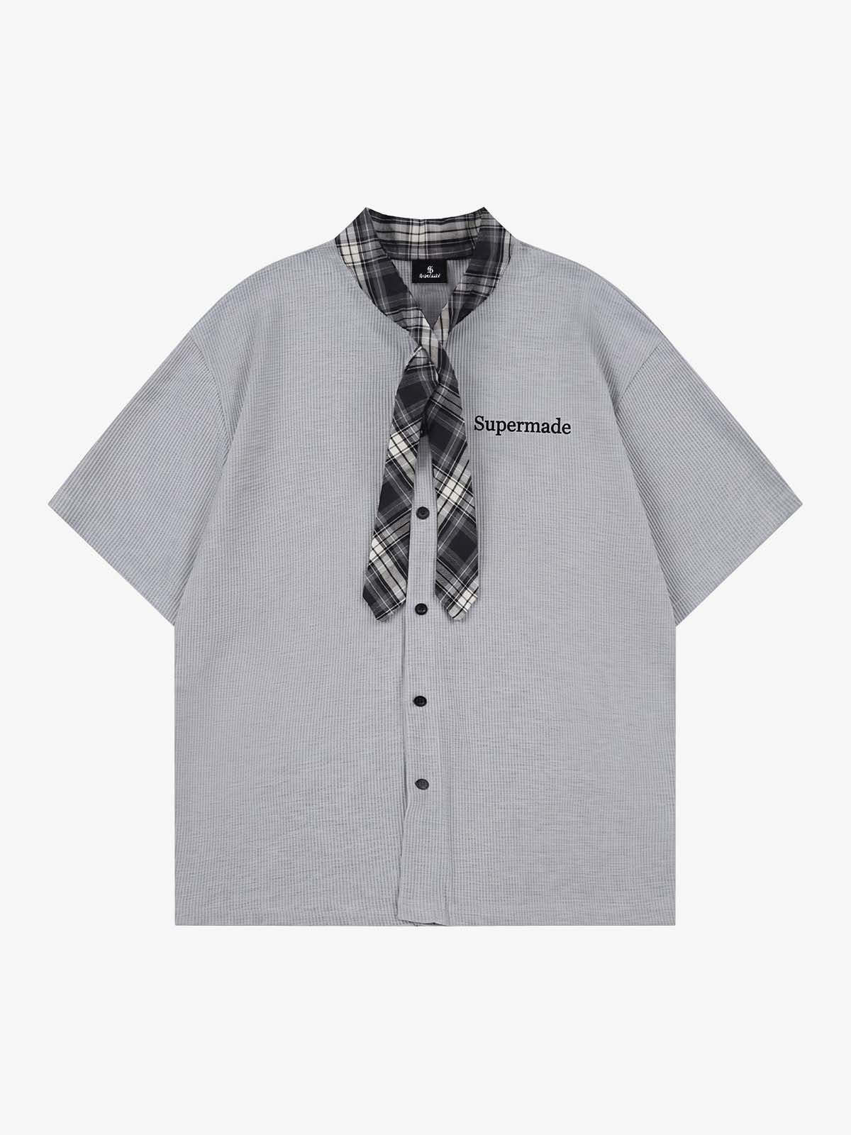 Plaid Scarf Sleeve Waffle Shirt with Letter Embroidery