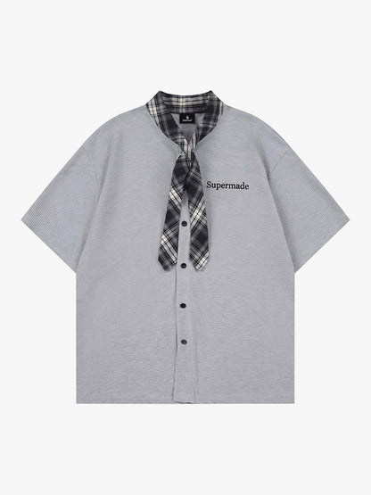 Plaid Scarf Sleeve Waffle Shirt with Letter Embroidery