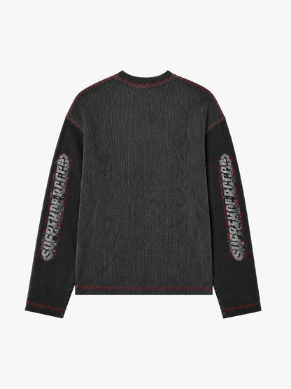 Gear Graphic Color Block Washed Waffle Long Sleeve Tee