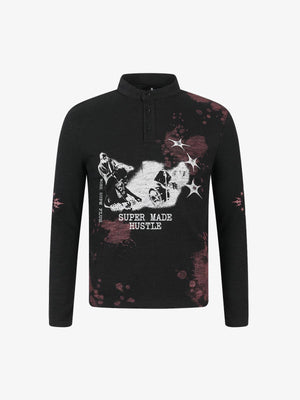 Cotton Blend Long Sleeve Henley Sweater with Graphic Print and Star Motif Design 