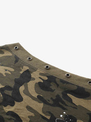 Flag Print Camo Off-Shoulder Cropped Sweatshirt