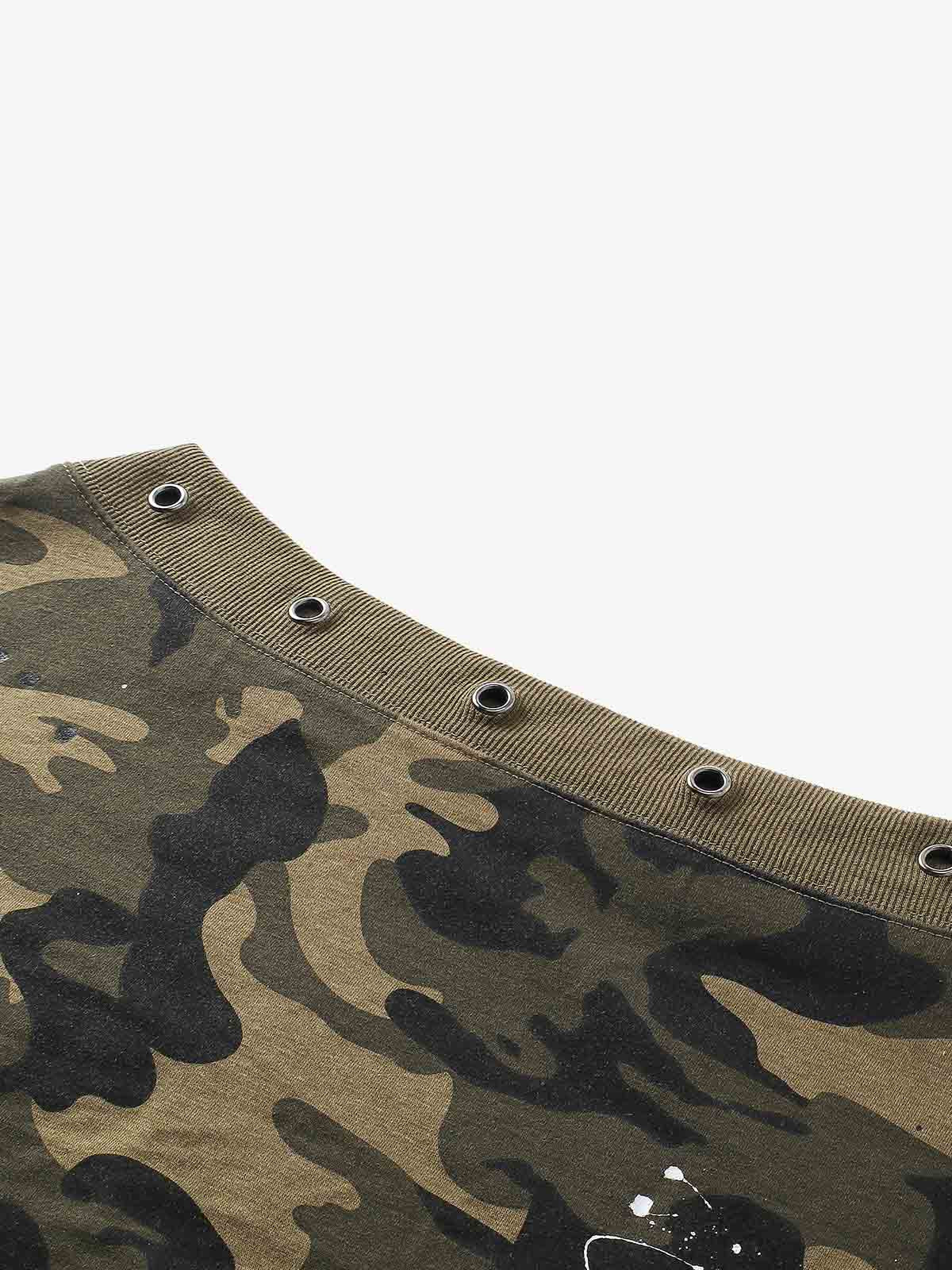 Flag Print Camo Off-Shoulder Cropped Sweatshirt