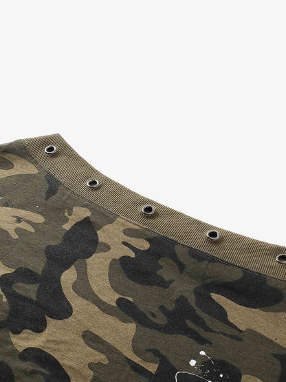 Flag Print Camo Off-Shoulder Cropped Sweatshirt