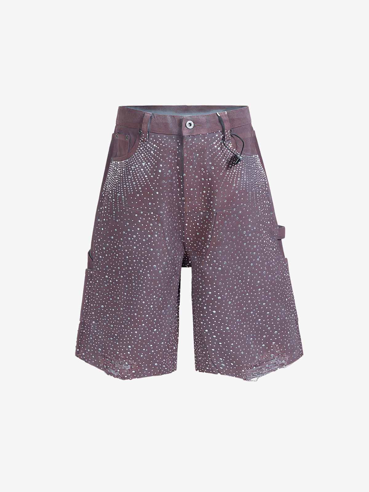 Studded Denim Cargo Shorts for Men with Rhinestone Embellishment, Fashionable Streetwear Style, Distressed Hem Design 