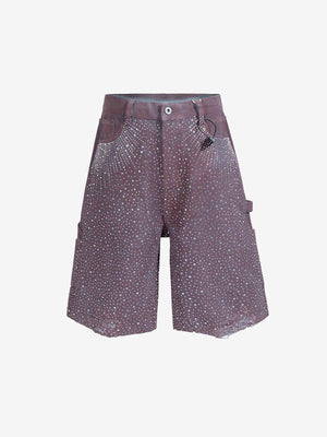 Studded Denim Cargo Shorts for Men with Rhinestone Embellishment, Fashionable Streetwear Style, Distressed Hem Design 