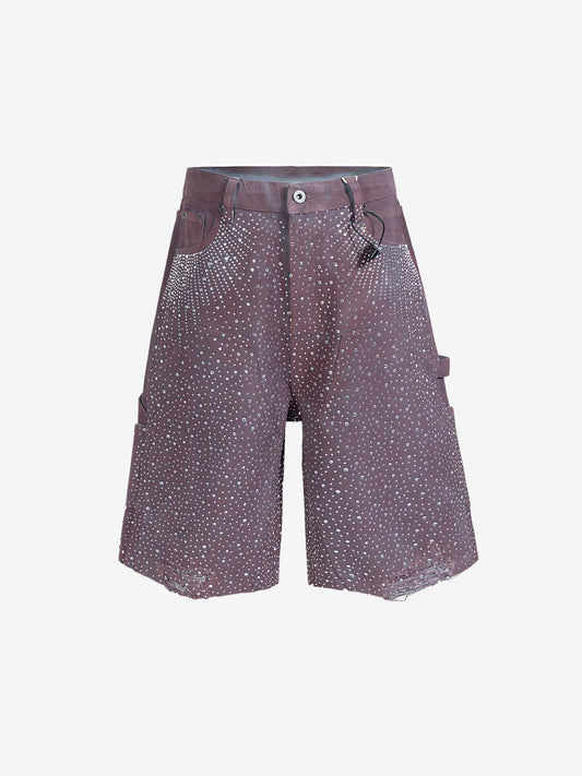 Studded Denim Cargo Shorts for Men with Rhinestone Embellishment, Fashionable Streetwear Style, Distressed Hem Design 