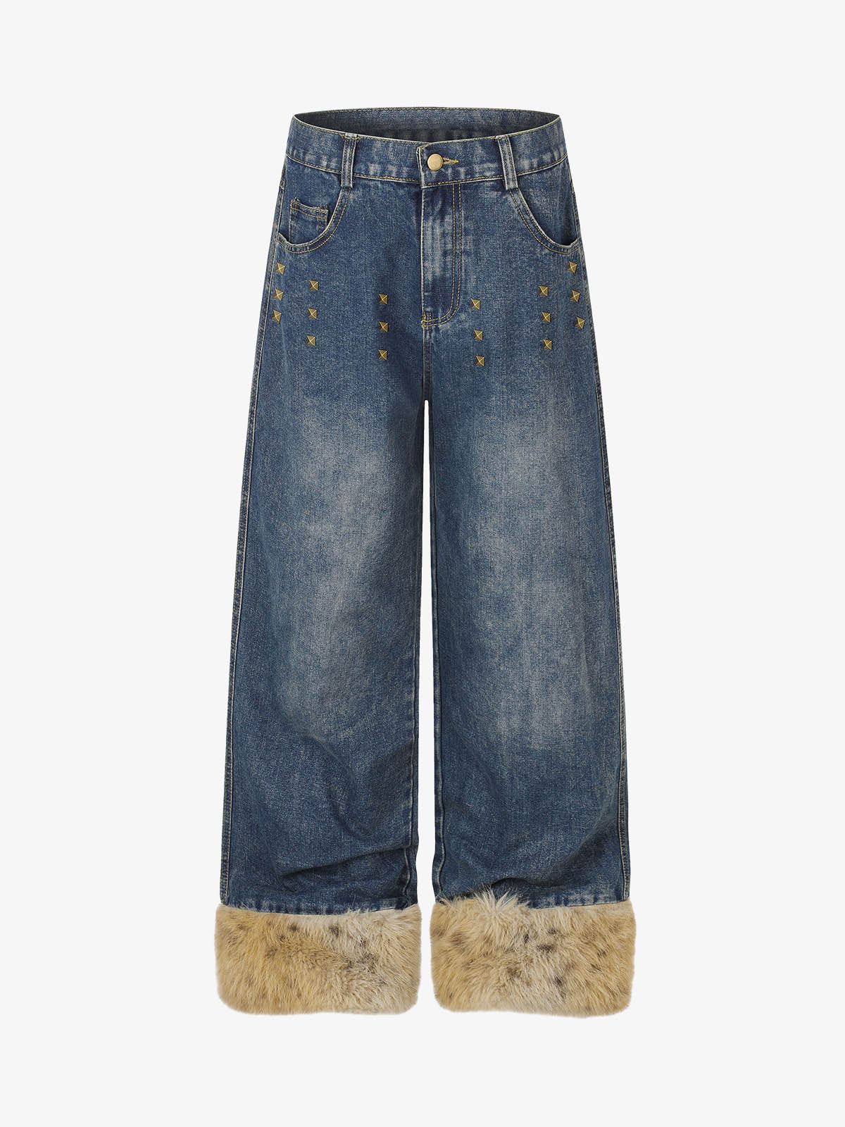 Studded Detail Furry Cuff Jeans