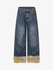 Studded Detail Furry Cuff Jeans