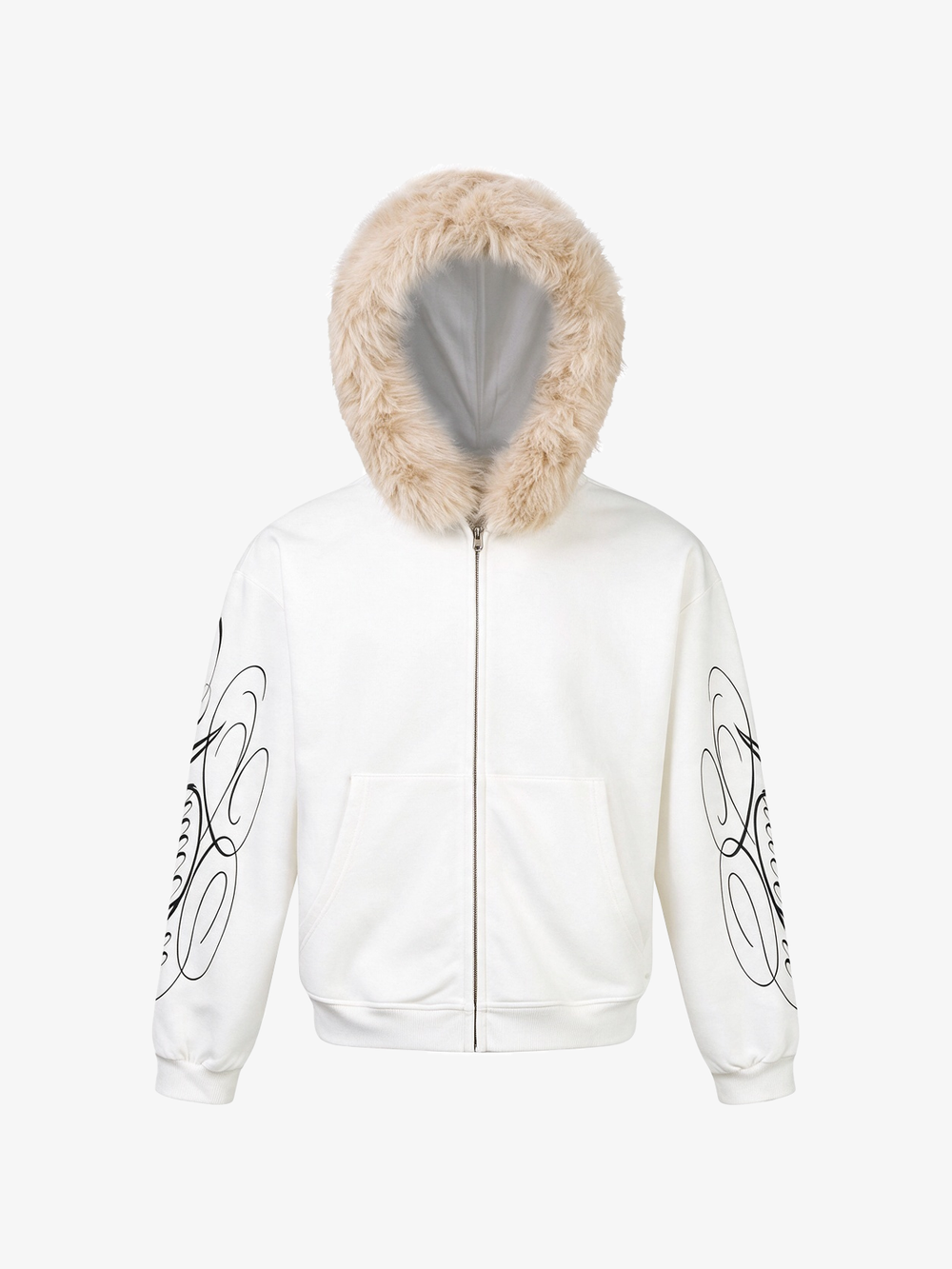 Fur-Trim Sleeve Graphic Zip Hoodie