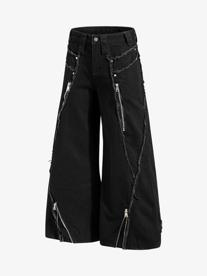 Deconstructed Zipper-Spliced Whiskered Raw-Hem Jeans
