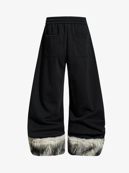 Faux Fur Spliced Hem Wide-Leg Sweatpants 