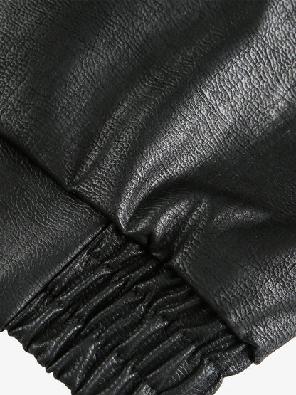 Vintage Embroidered PU Leather Lapel Jacket 