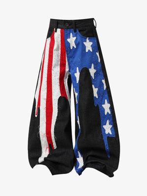 Cotton Blend American Flag Print Wide Leg Pants with Red Star Applique Design 