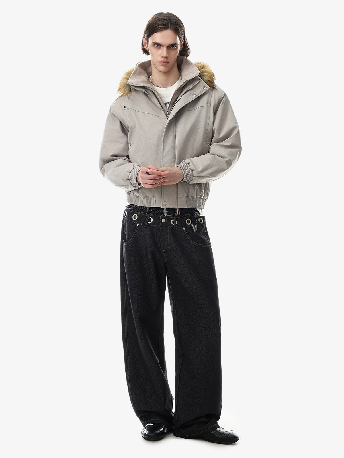 Deconstructed Layered Hooded Faux-Fur Collar Puffer Jacket