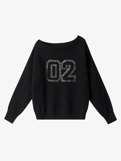 Off-Shoulder Sequin Number Graphic Sweater