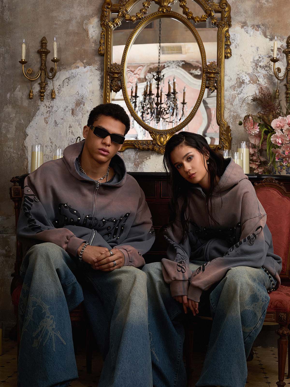 Supermade Vintage Distressed Studded Gothic Font Zipper Sweatshirt 