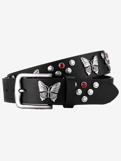 Stylish Butterfly-Embellished Belt with Star Studs and Red Crystals 