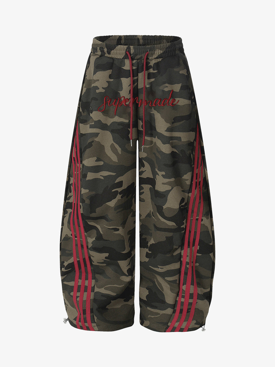 Camouflage Wide-Leg Pants with Red Stripes and Embroidery for Casual Wear 