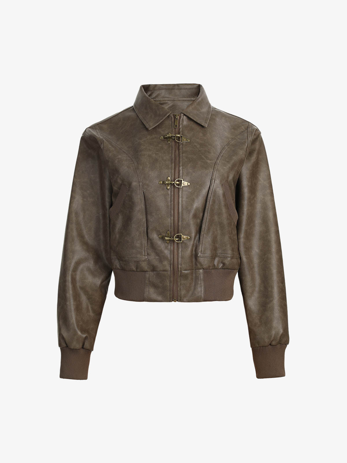 Metal Button Cropped Leather Bomber Jacket