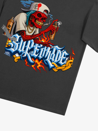 Thesupermade Skull Graffiti Artist Flame Flower Font T-shirt 