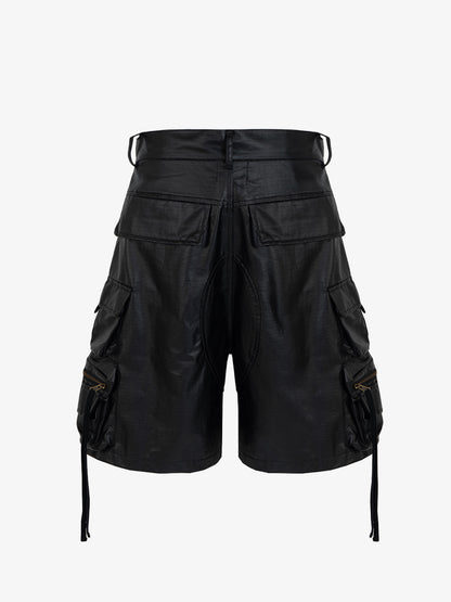 Drawstring Faux Leather Cargo Shorts