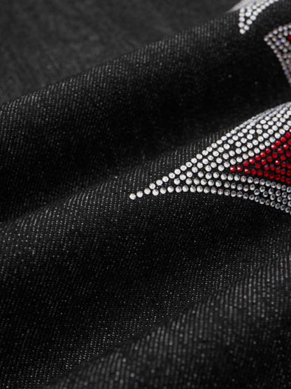 Denim Wide Leg Pants with Red Embroidery Design for Women Fashion Streetwear 