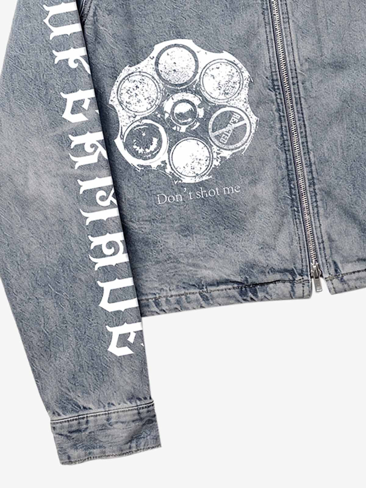 Anti-War Graphic Stand-Collar Denim Zip Jacket
